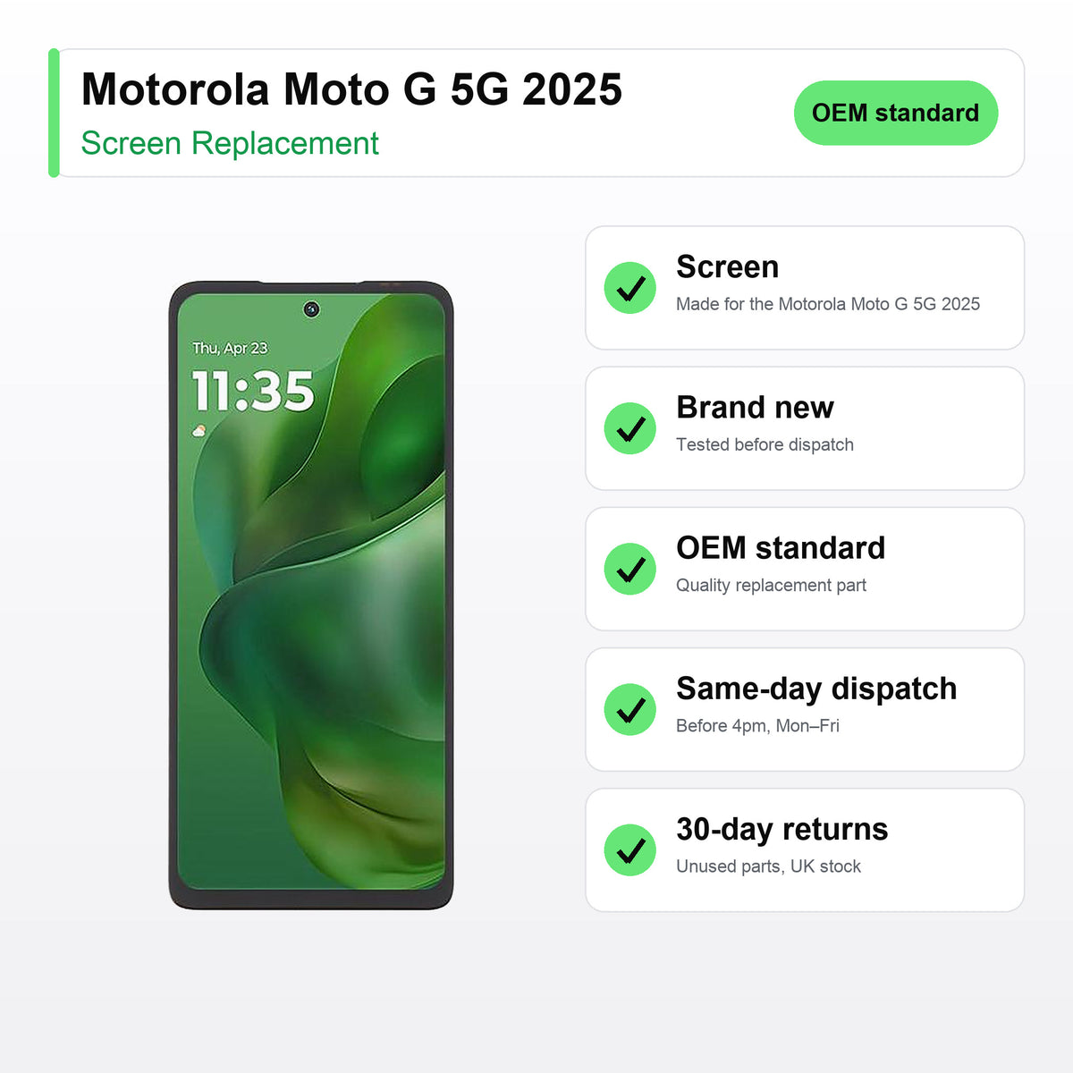 Motorola Moto G 5G 2025 screen key facts: brand new, tested, same-day UK dispatch