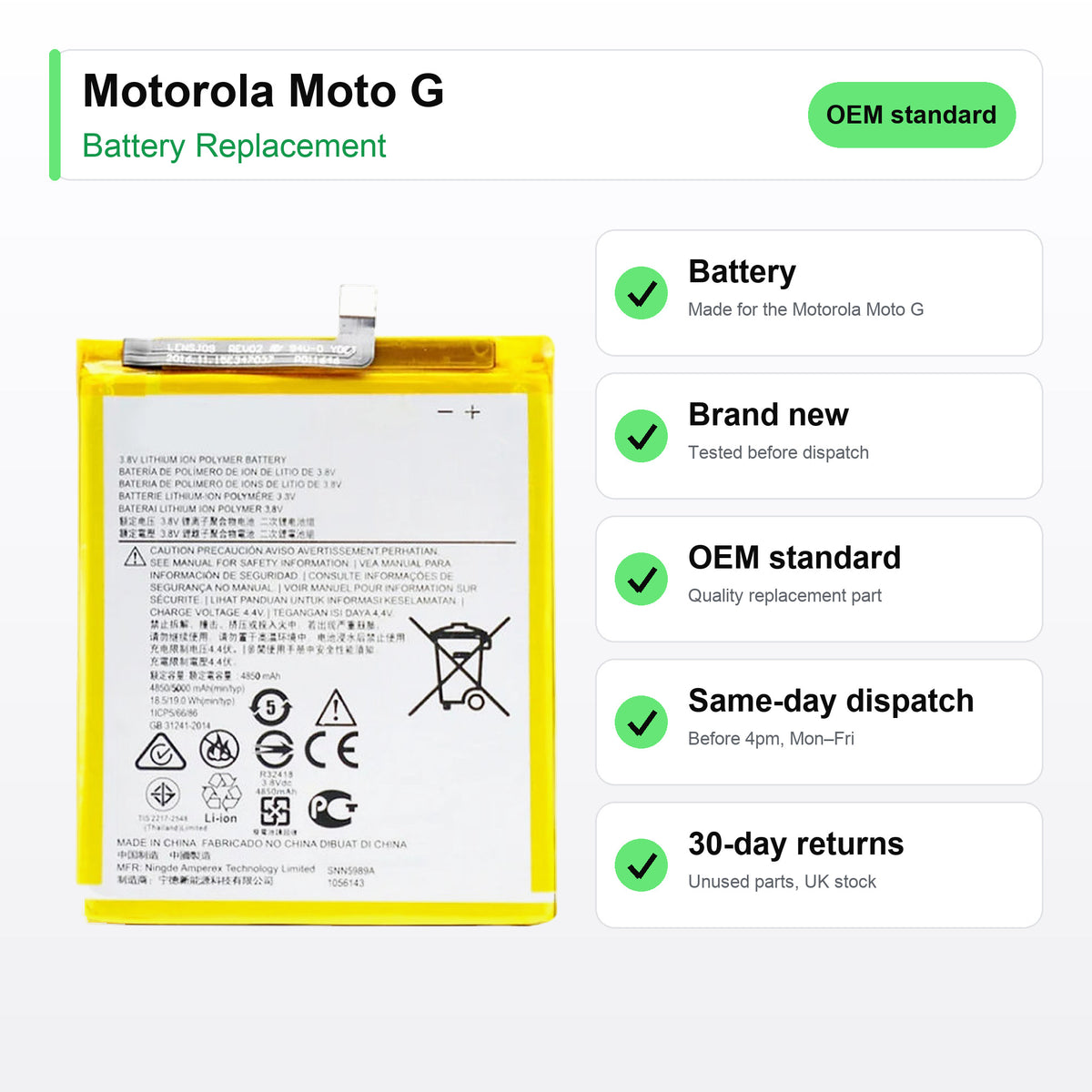 Motorola Moto G battery key facts: brand new, tested, same-day UK dispatch
