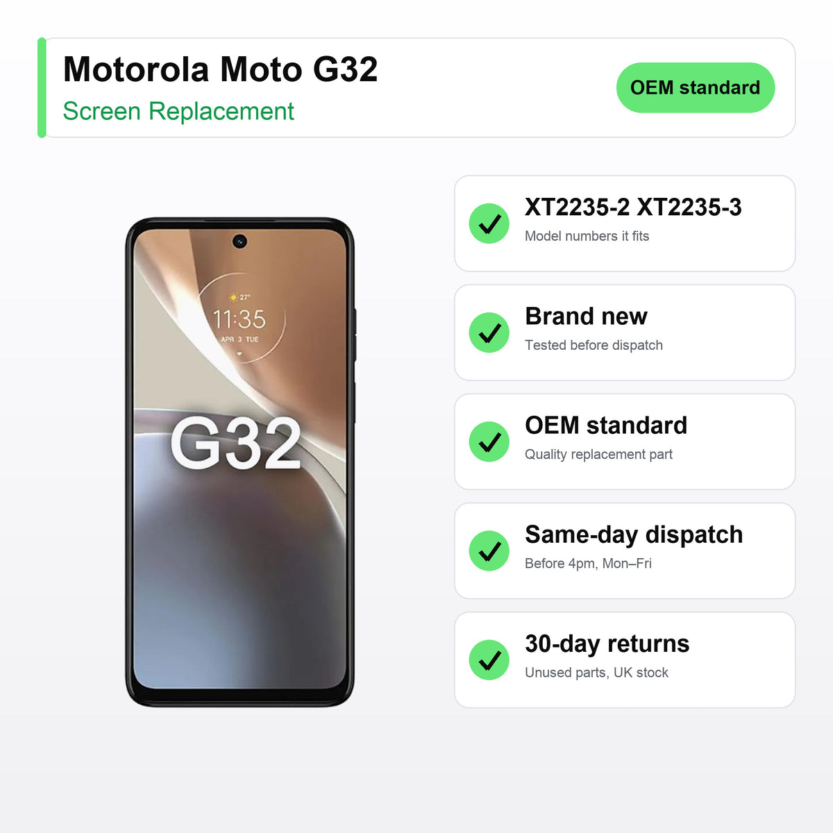 Motorola Moto G32 screen key facts: brand new, tested, same-day UK dispatch