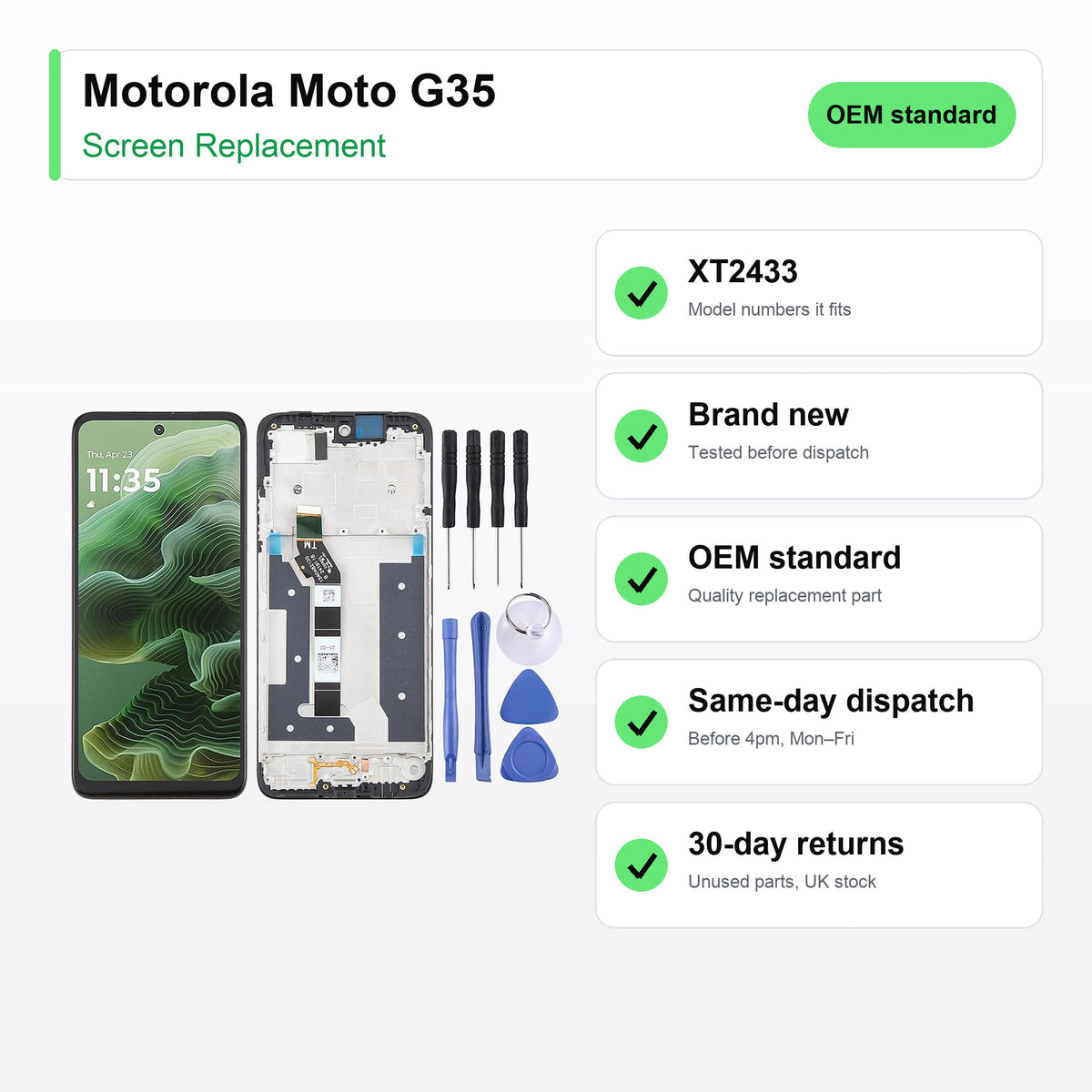 Motorola Moto G35 screen key facts: brand new, tested, same-day UK dispatch