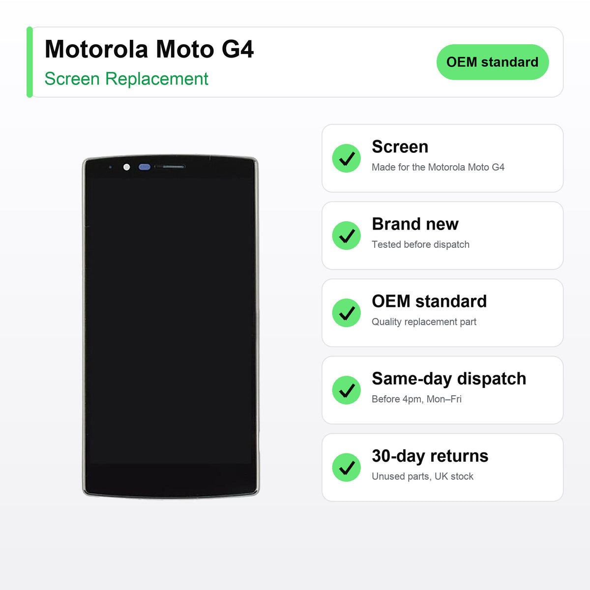 Motorola Moto G4 screen key facts: brand new, tested, same-day UK dispatch