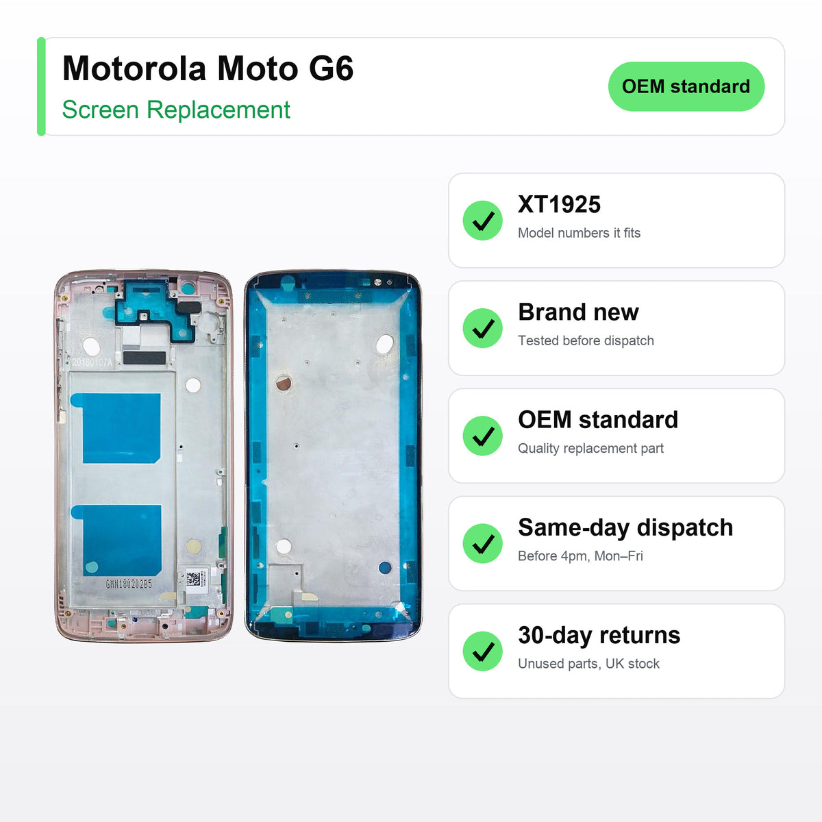 Motorola Moto G6 screen key facts: brand new, tested, same-day UK dispatch