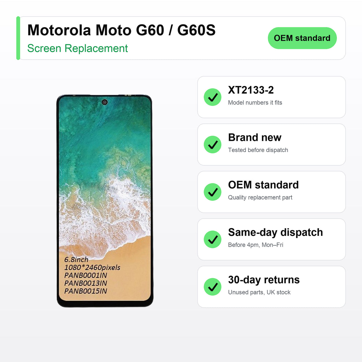 Motorola Moto G60 / G60S screen key facts: brand new, tested, same-day UK dispatch