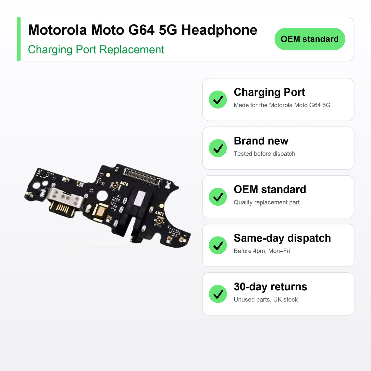 Motorola Moto G64 5G Headphone charging port key facts: brand new, tested, same-day UK dispatch