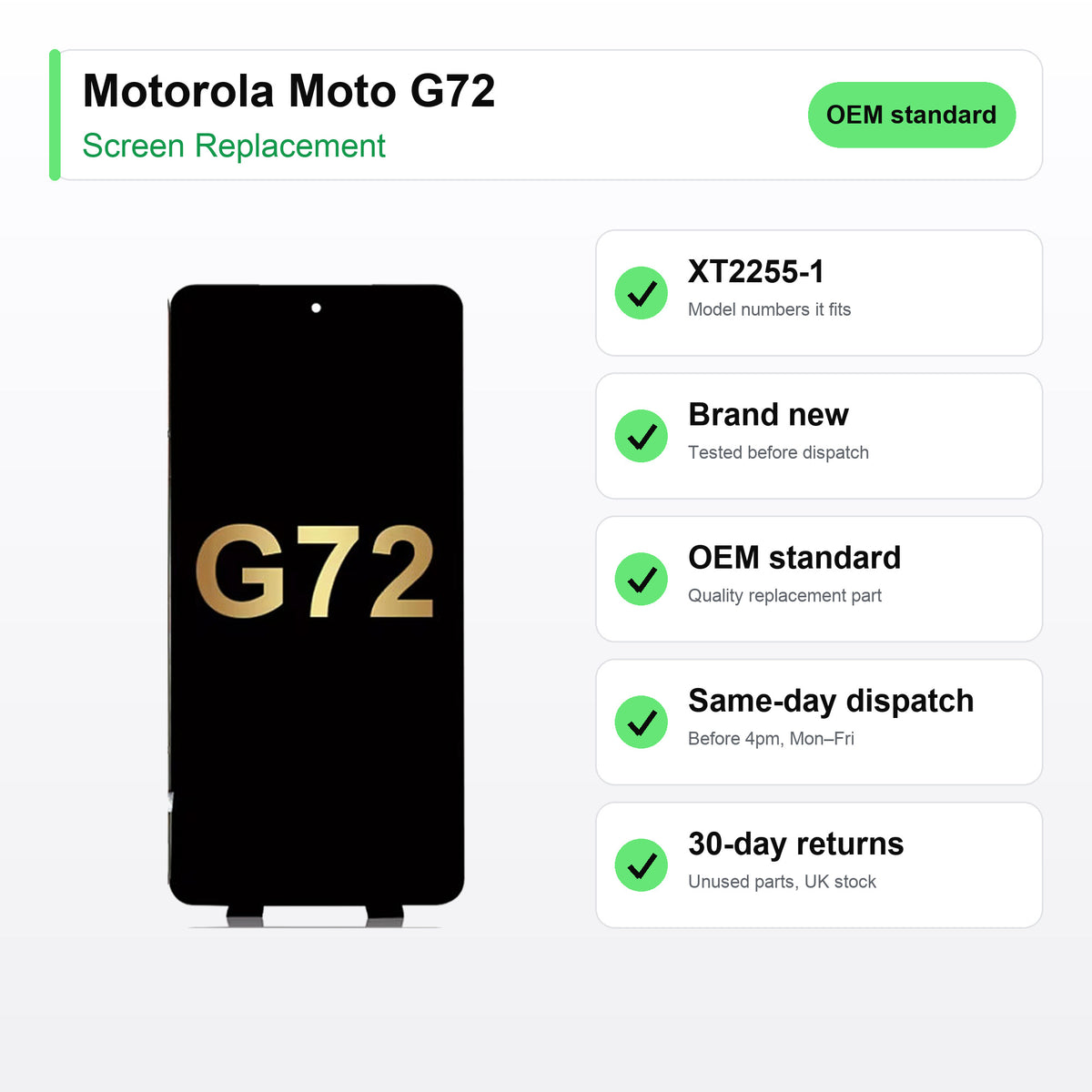 Motorola Moto G72 screen key facts: brand new, tested, same-day UK dispatch
