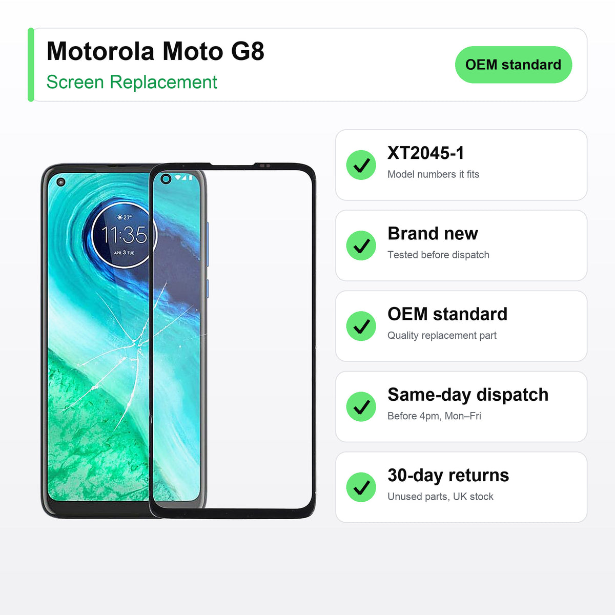 Motorola Moto G8 screen key facts: brand new, tested, same-day UK dispatch
