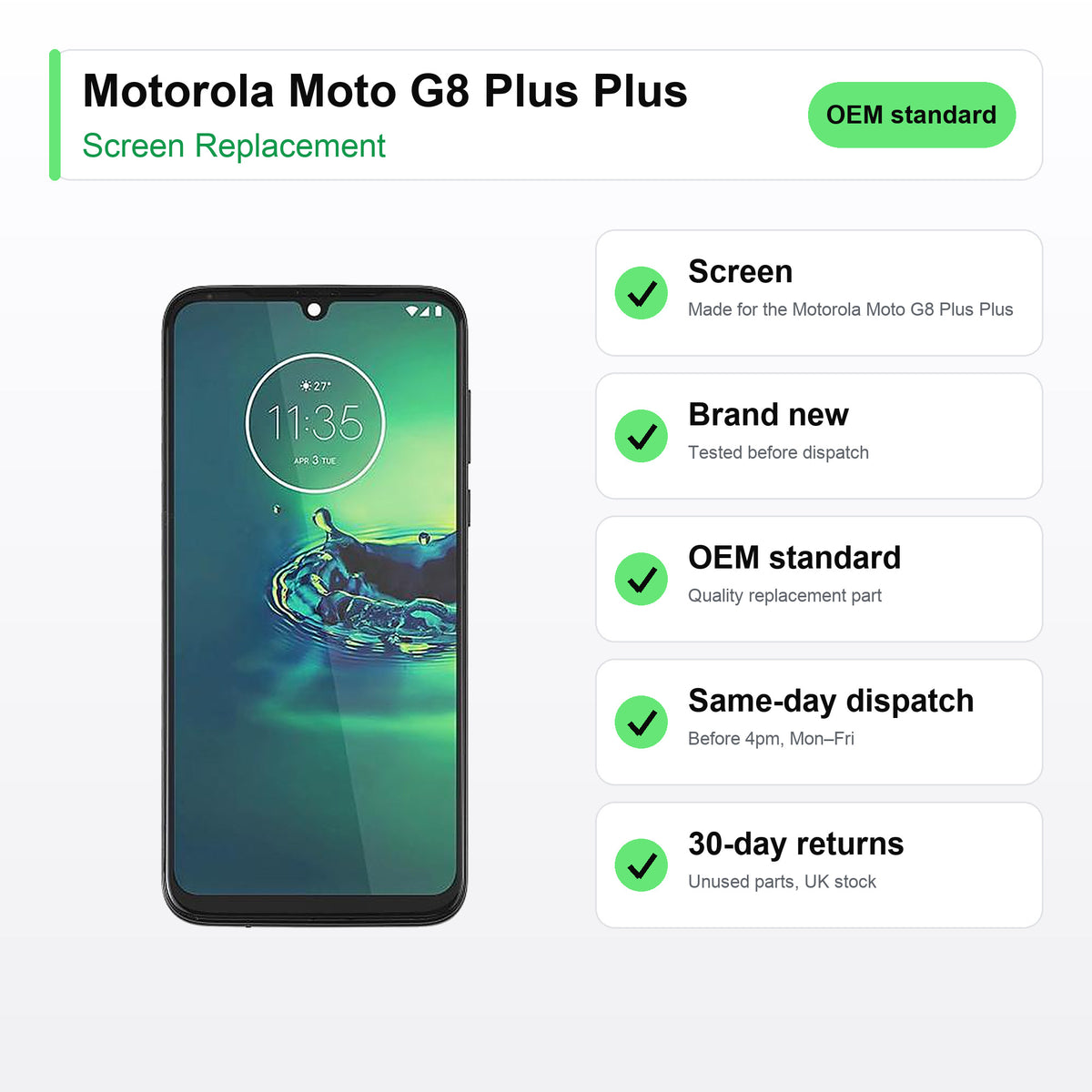 Motorola Moto G8 Plus Plus screen key facts: brand new, tested, same-day UK dispatch