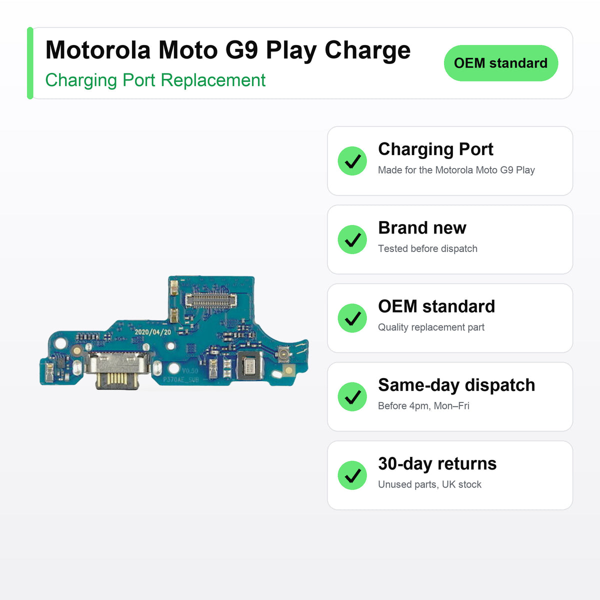 Motorola Moto G9 Play Charge charging port key facts: brand new, tested, same-day UK dispatch