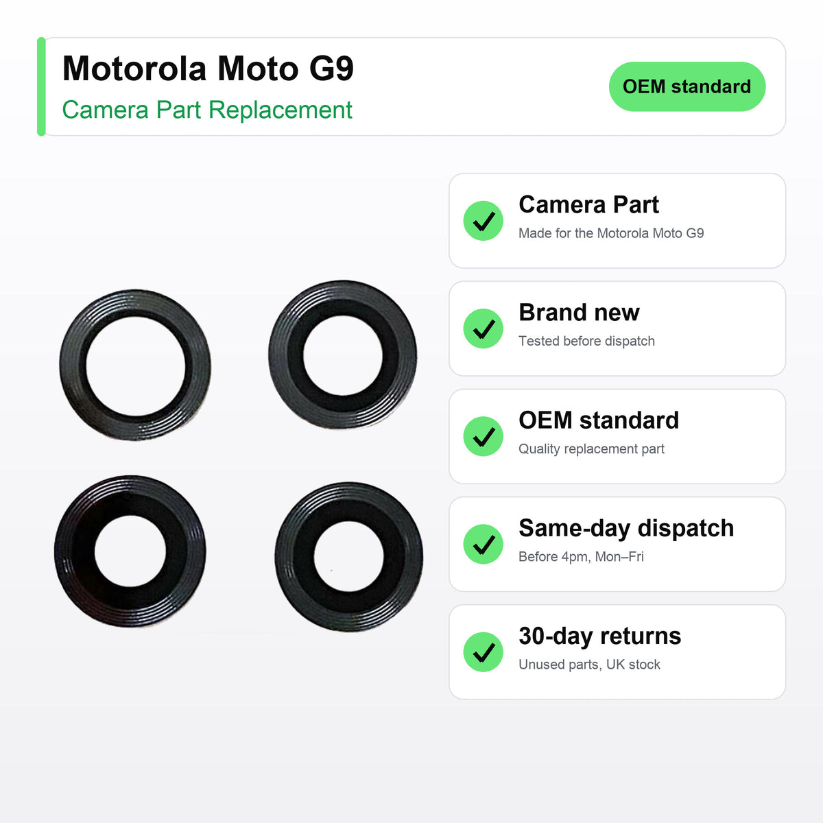 Motorola Moto G9 camera lens key facts: brand new, tested, same-day UK dispatch