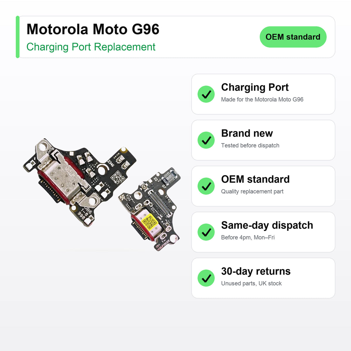 Motorola Moto G96 charging port key facts: brand new, tested, same-day UK dispatch