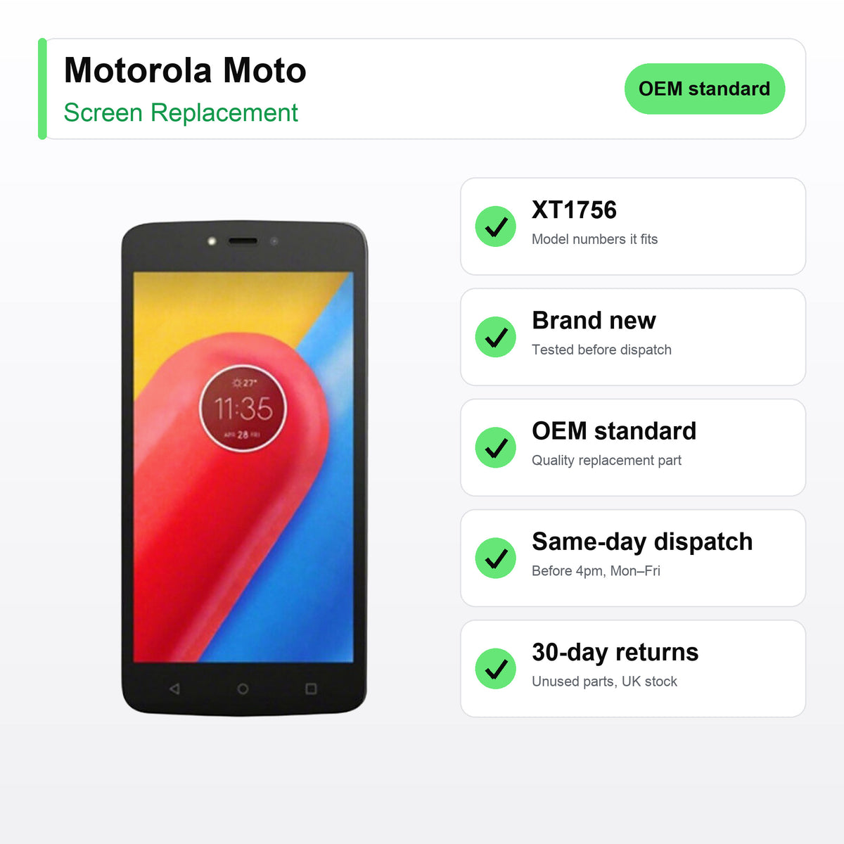Motorola Moto screen key facts: brand new, tested, same-day UK dispatch