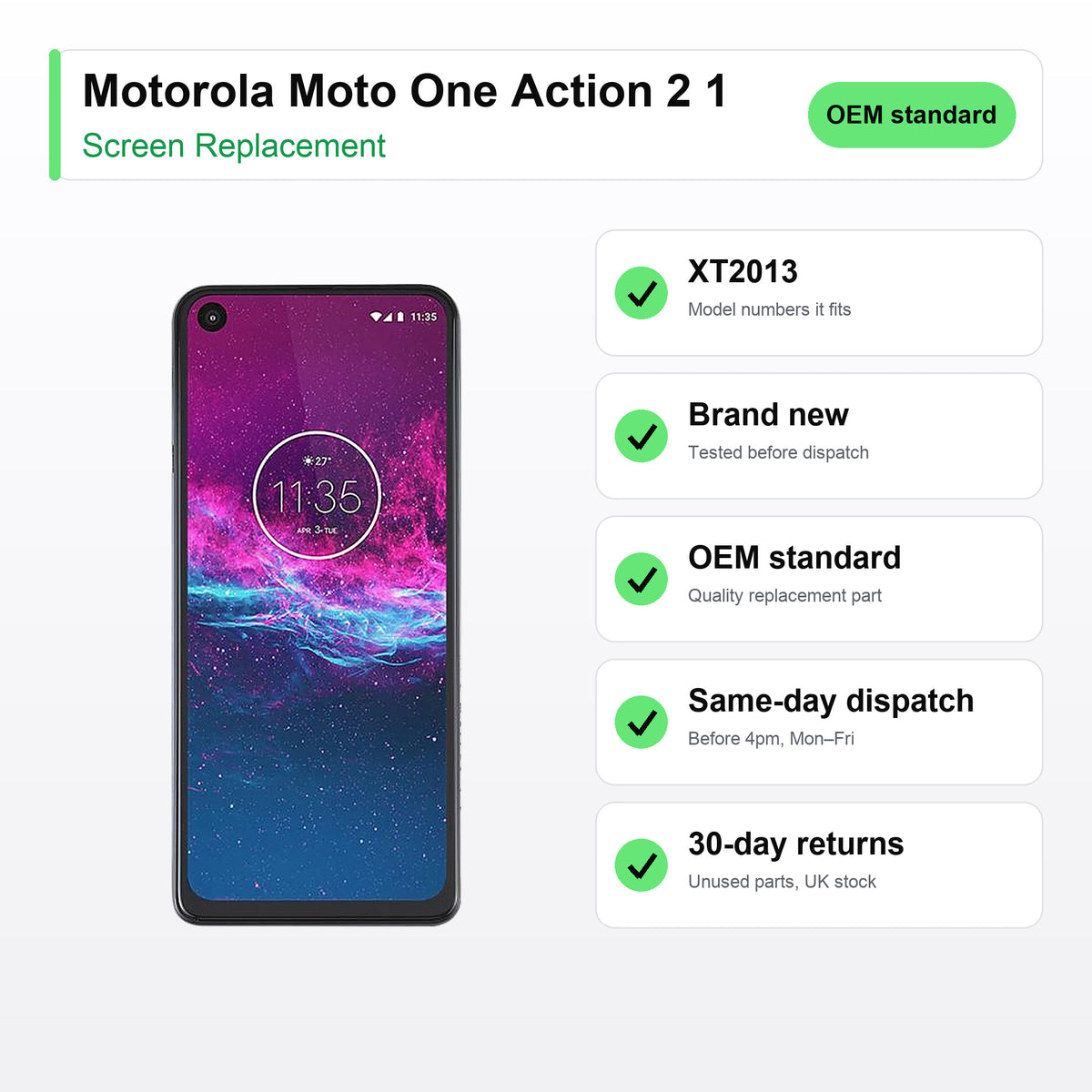 Motorola Moto One Action 2 1 4Replacement screen key facts: brand new, tested, same-day UK dispatch