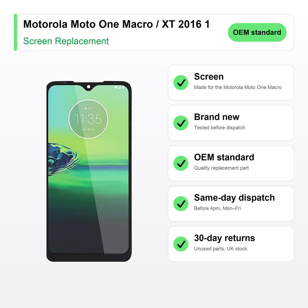 Motorola Moto One Macro / XT 2016 1 screen key facts: brand new, tested, same-day UK dispatch