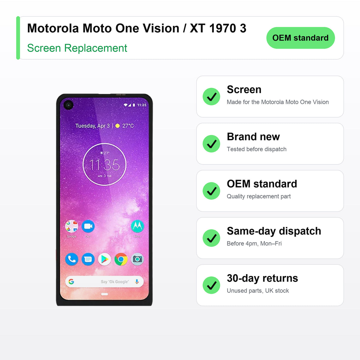 Motorola Moto One Vision / XT 1970 3 screen key facts: brand new, tested, same-day UK dispatch