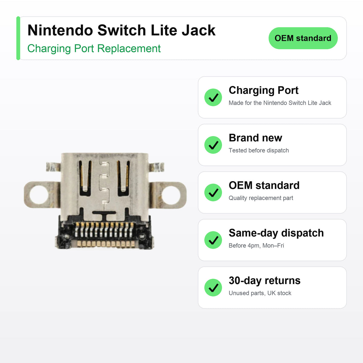 Nintendo Switch Lite Jack charging port key facts: brand new, tested, same-day UK dispatch