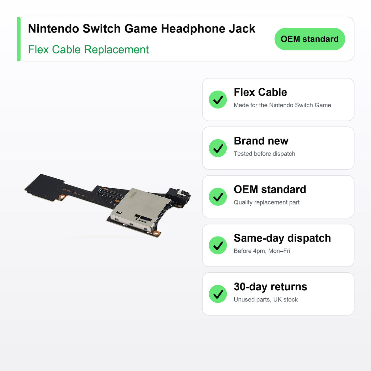 Nintendo Switch Game Headphone Jack flex cable key facts: brand new, tested, same-day UK dispatch