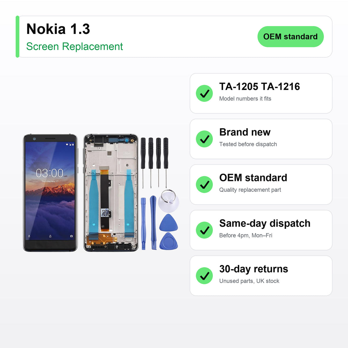 Nokia 1.3 screen key facts: brand new, tested, same-day UK dispatch
