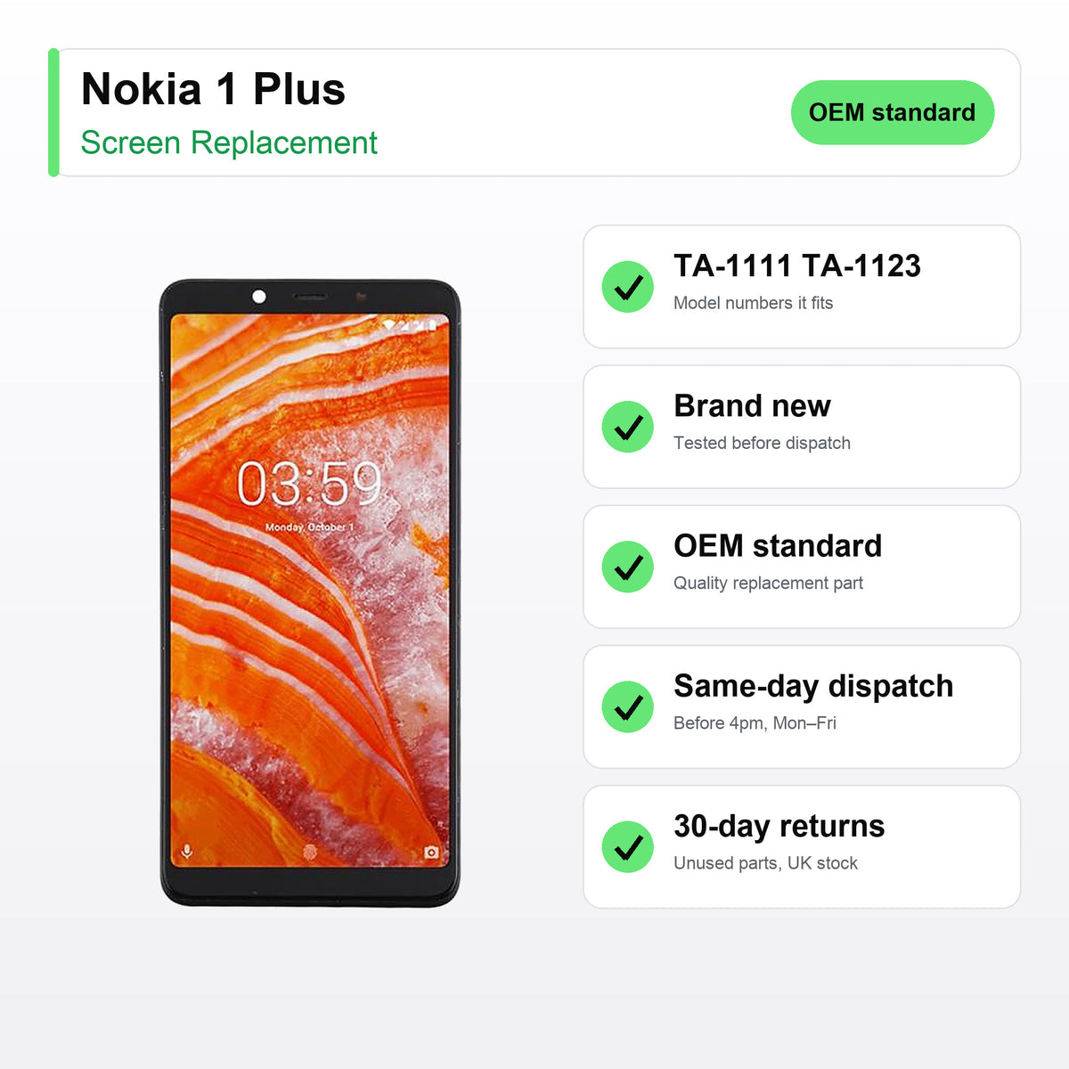 Nokia 1 Plus screen key facts: brand new, tested, same-day UK dispatch