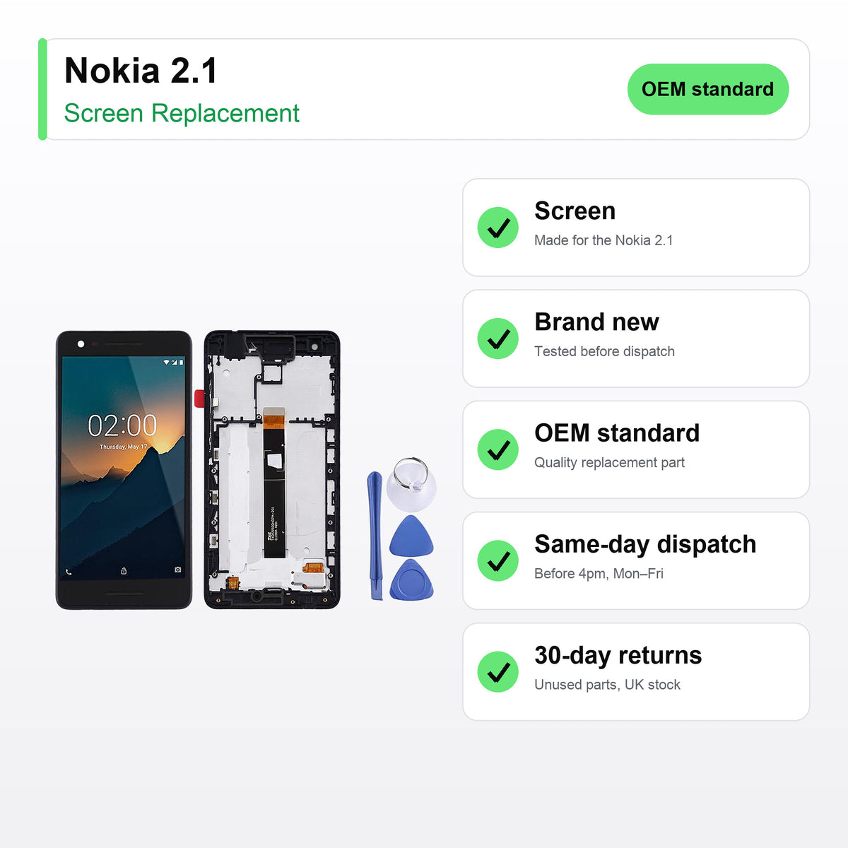 Nokia 2.1 screen key facts: brand new, tested, same-day UK dispatch