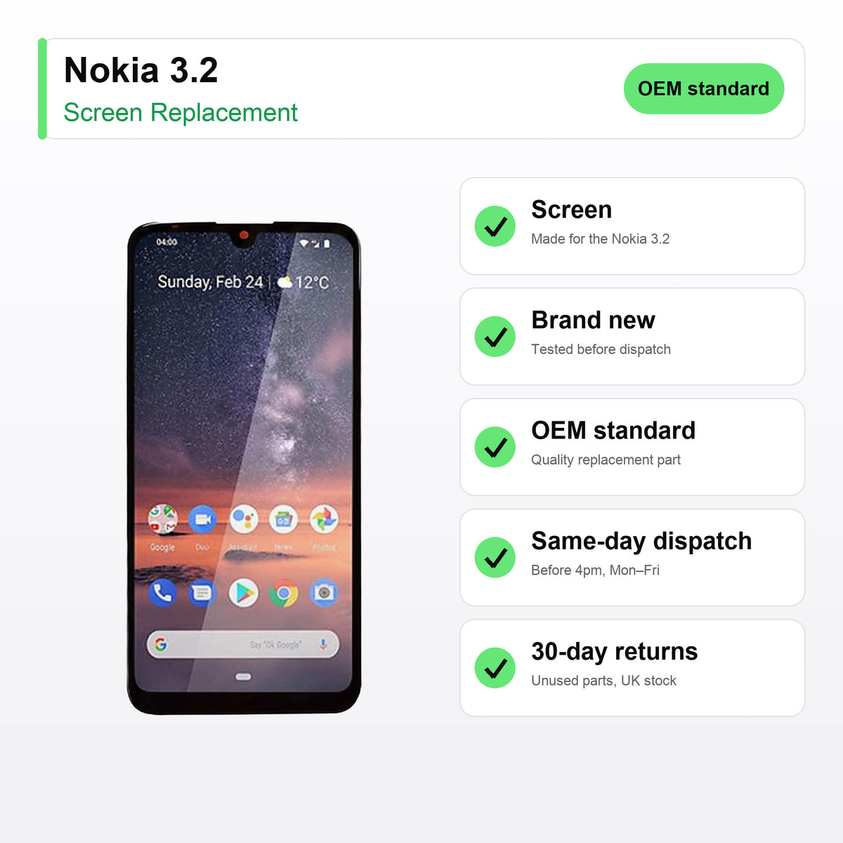 Nokia 3.2 screen key facts: brand new, tested, same-day UK dispatch