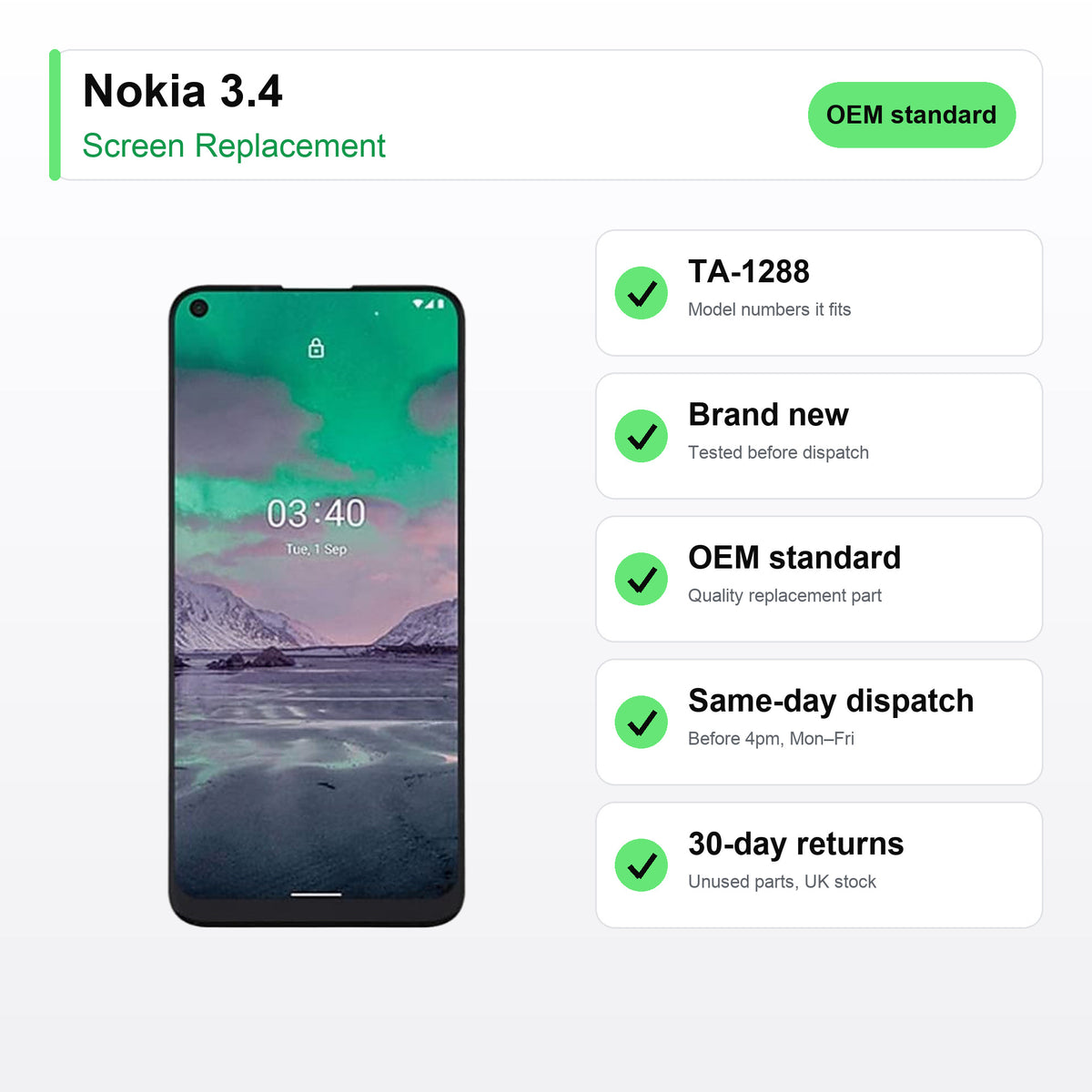 Nokia 3.4 screen key facts: brand new, tested, same-day UK dispatch