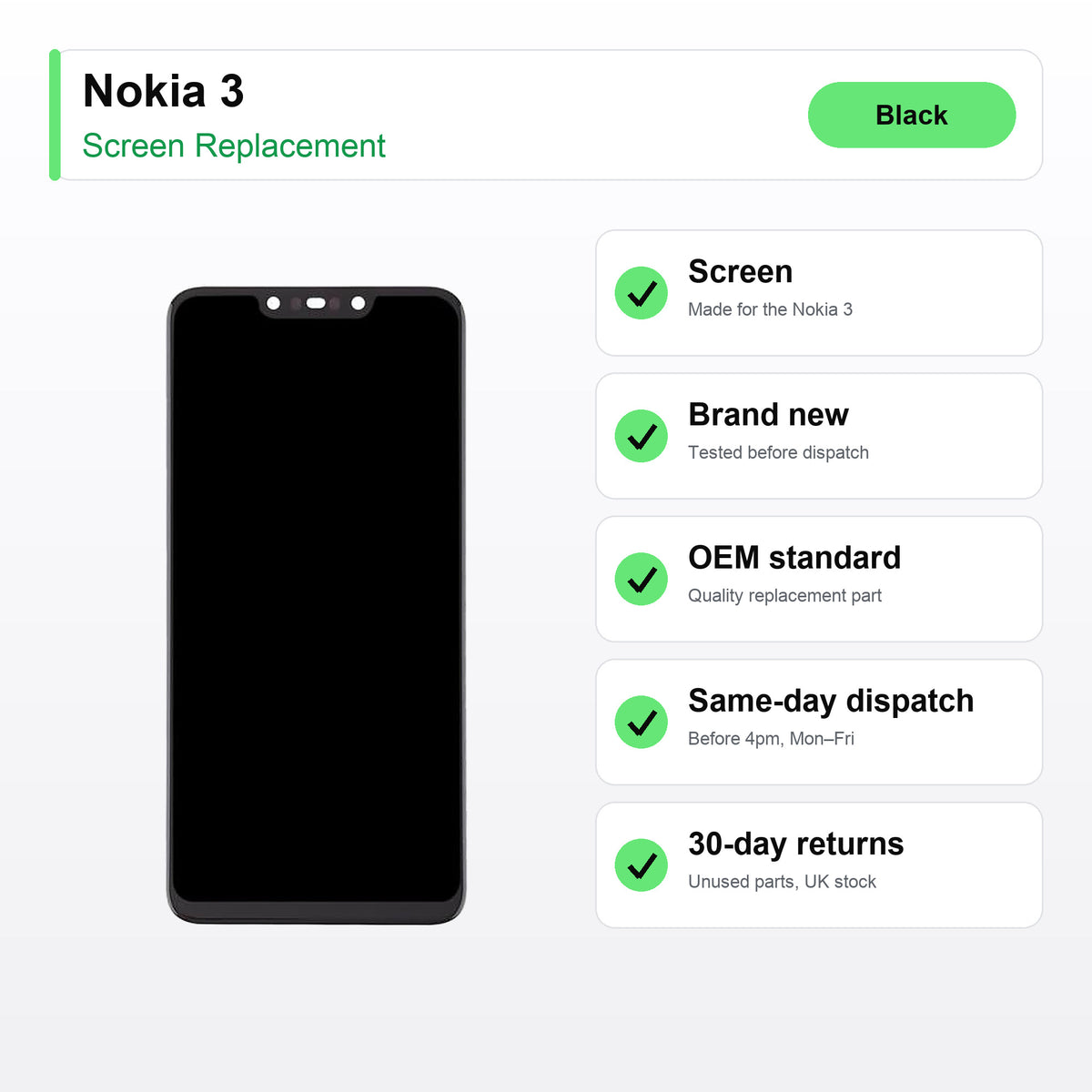 Nokia 3 screen key facts: brand new, tested, same-day UK dispatch
