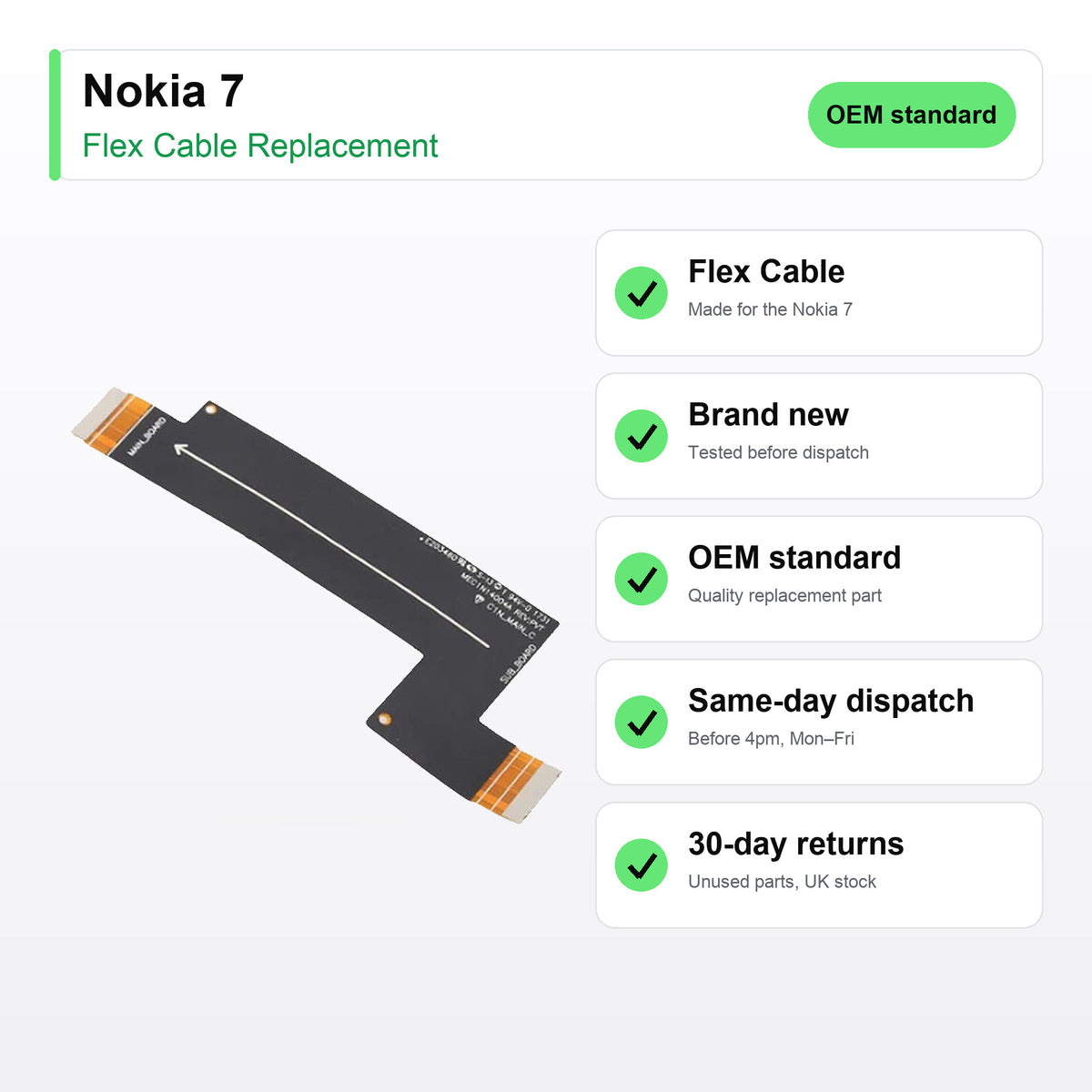 Nokia 7 flex cable key facts: brand new, tested, same-day UK dispatch