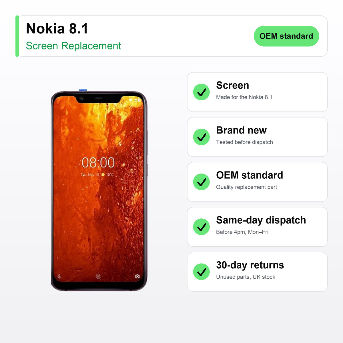 Nokia 8.1 screen key facts: brand new, tested, same-day UK dispatch