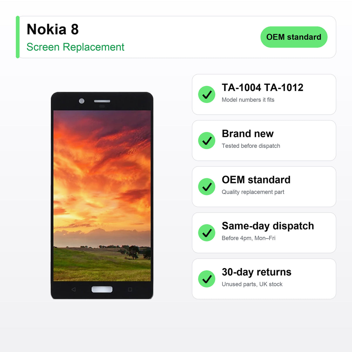 Nokia 8 screen key facts: brand new, tested, same-day UK dispatch