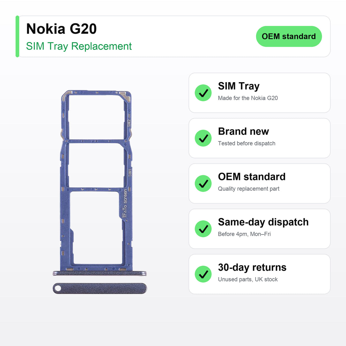Nokia G20 SIM tray key facts: brand new, tested, same-day UK dispatch