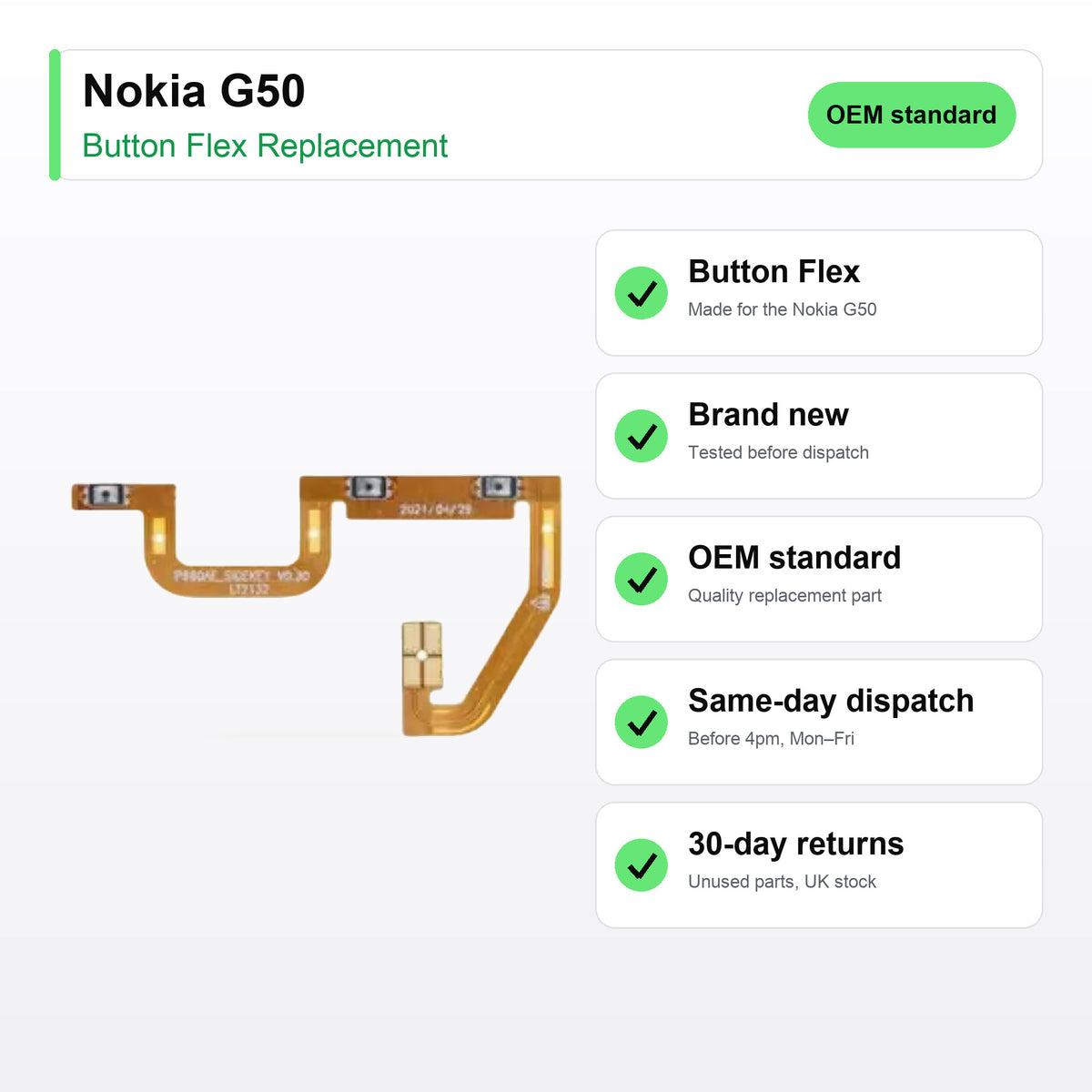 Nokia G50 button flex key facts: brand new, tested, same-day UK dispatch