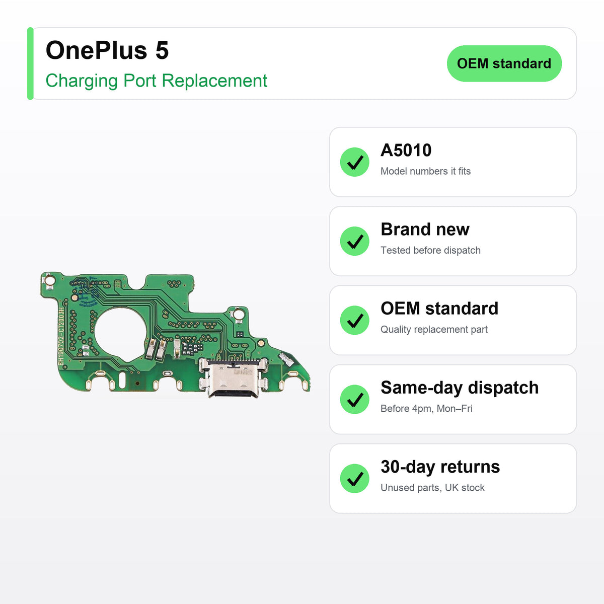 OnePlus 5 charging port key facts: brand new, tested, same-day UK dispatch