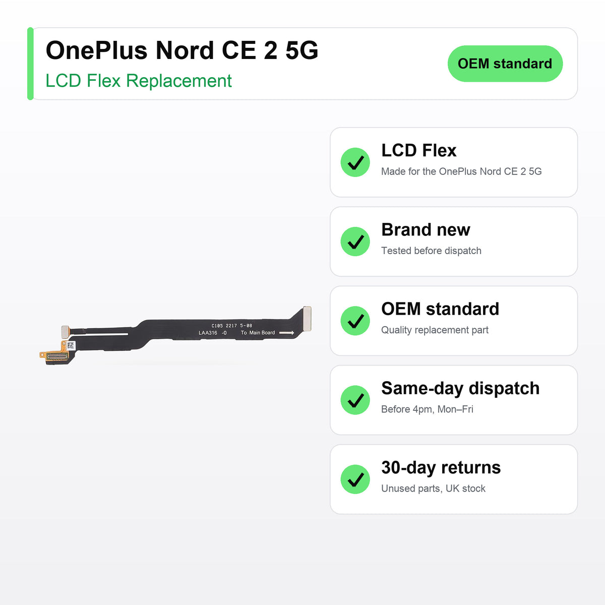 OnePlus Nord CE 2 5G LCD flex cable key facts: brand new, tested, same-day UK dispatch