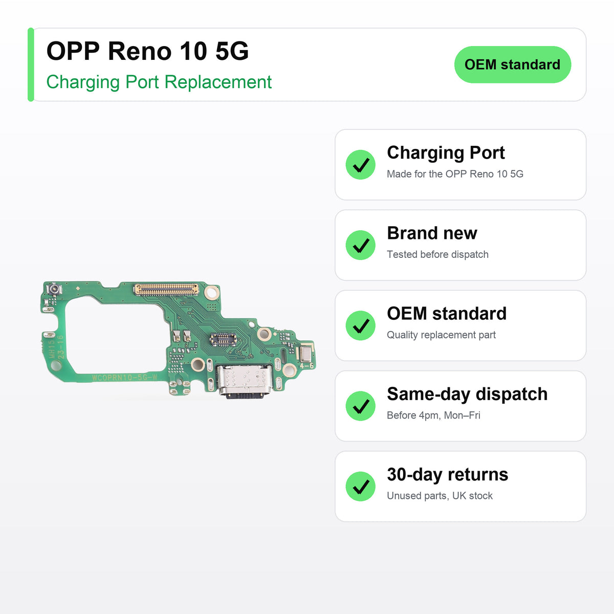 OPP Reno 10 5G charging port key facts: brand new, tested, same-day UK dispatch