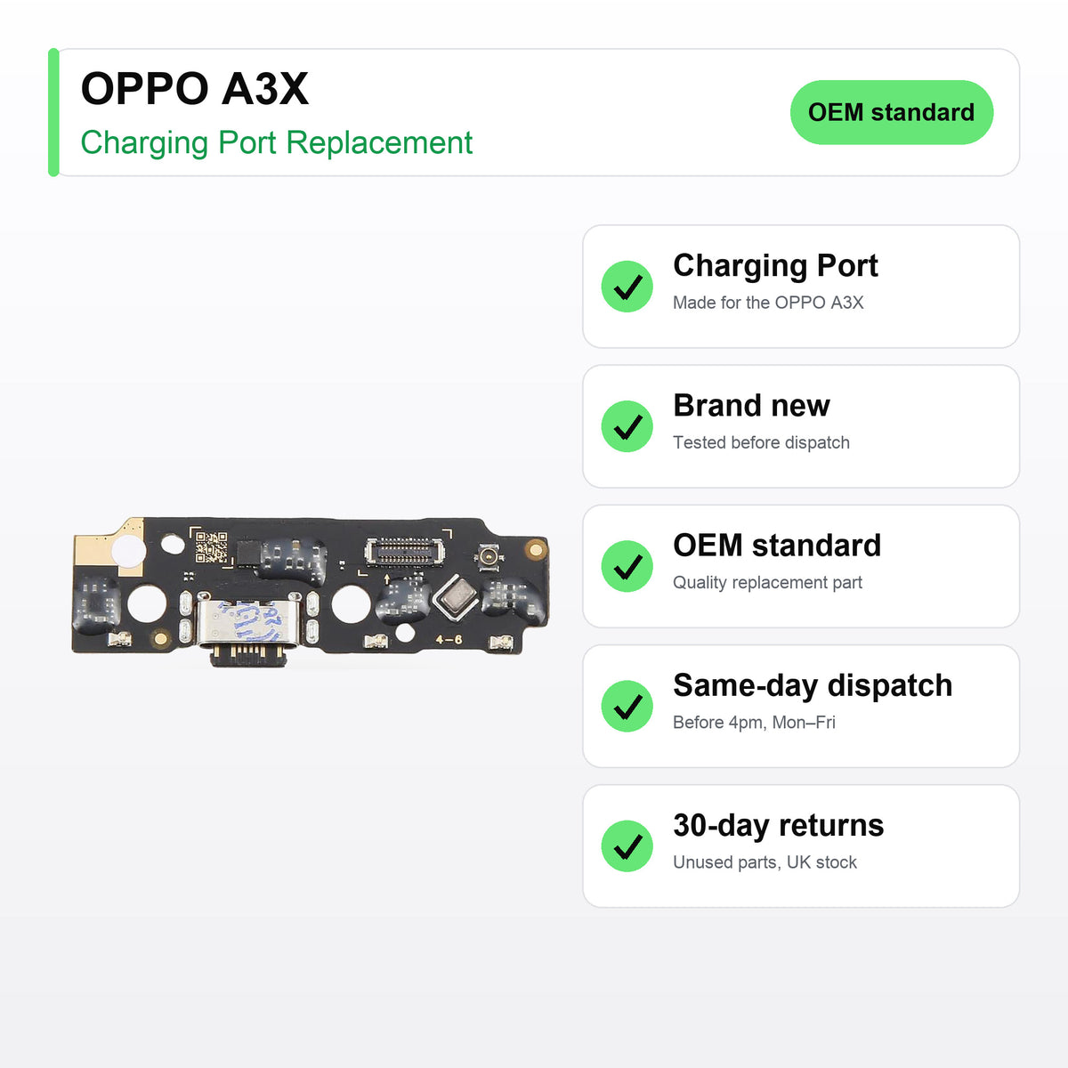 OPPO A3X charging port key facts: brand new, tested, same-day UK dispatch