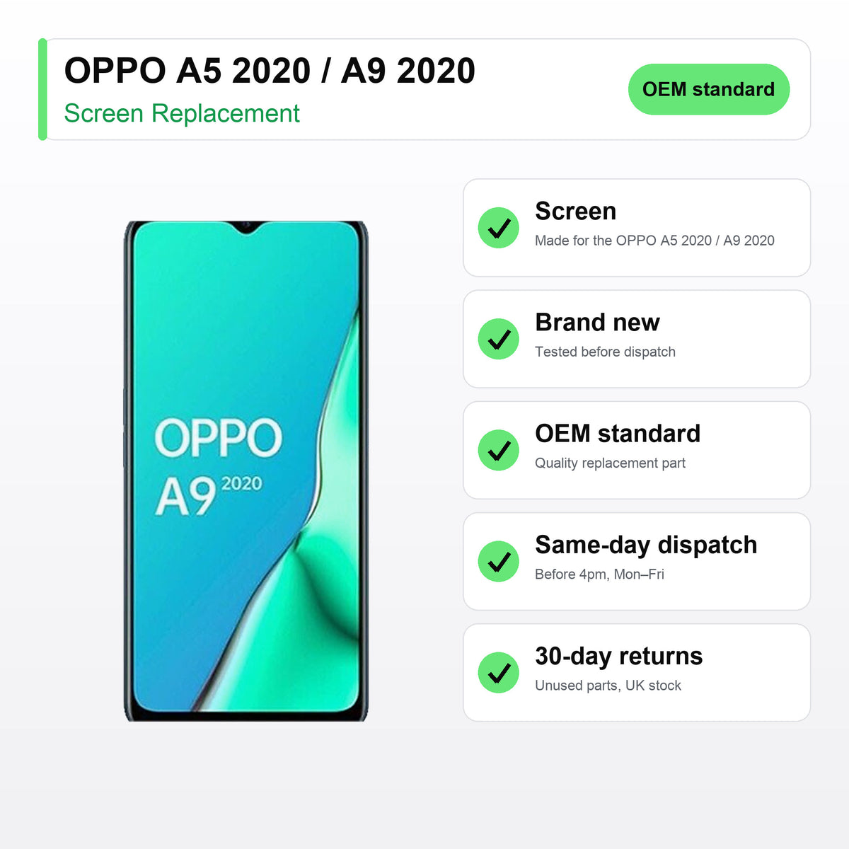 OPPO A5 2020 / A9 2020 screen key facts: brand new, tested, same-day UK dispatch