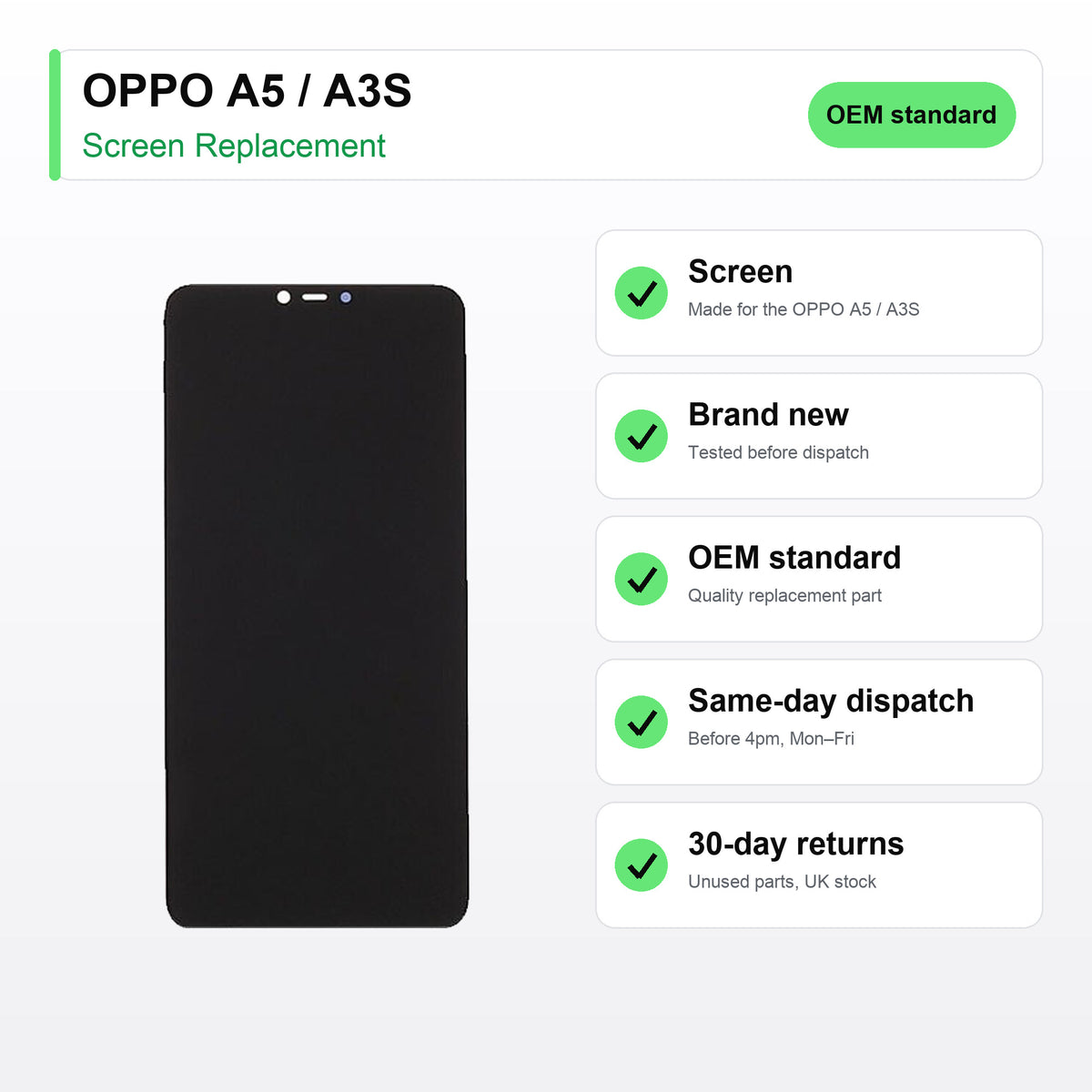 OPPO A5 / A3S screen key facts: brand new, tested, same-day UK dispatch