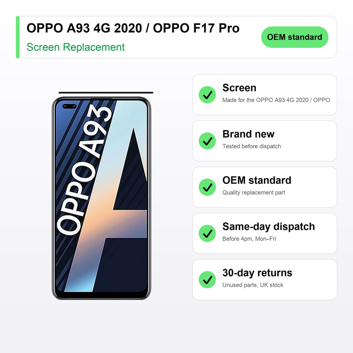 OPPO A93 4G 2020 / OPPO F17 Pro screen key facts: brand new, tested, same-day UK dispatch
