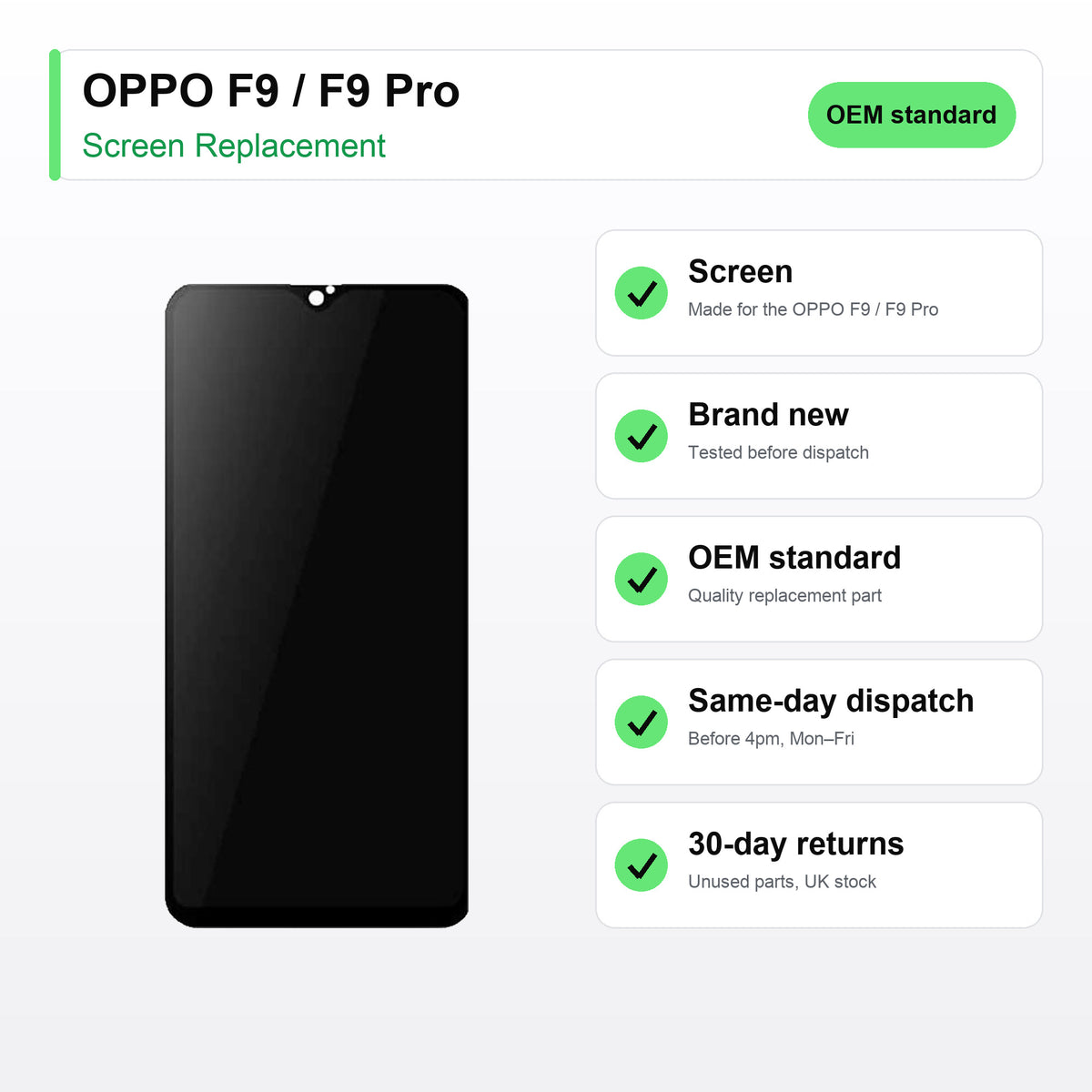 OPPO F9 / F9 Pro screen key facts: brand new, tested, same-day UK dispatch
