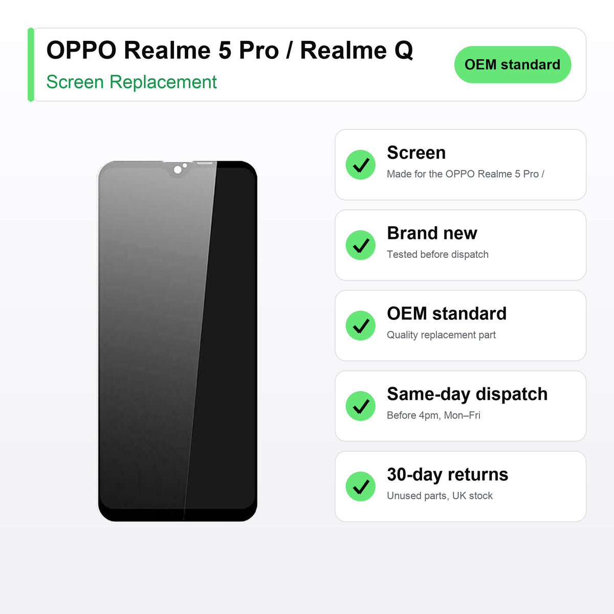OPPO Realme 5 Pro / Realme Q screen key facts: brand new, tested, same-day UK dispatch