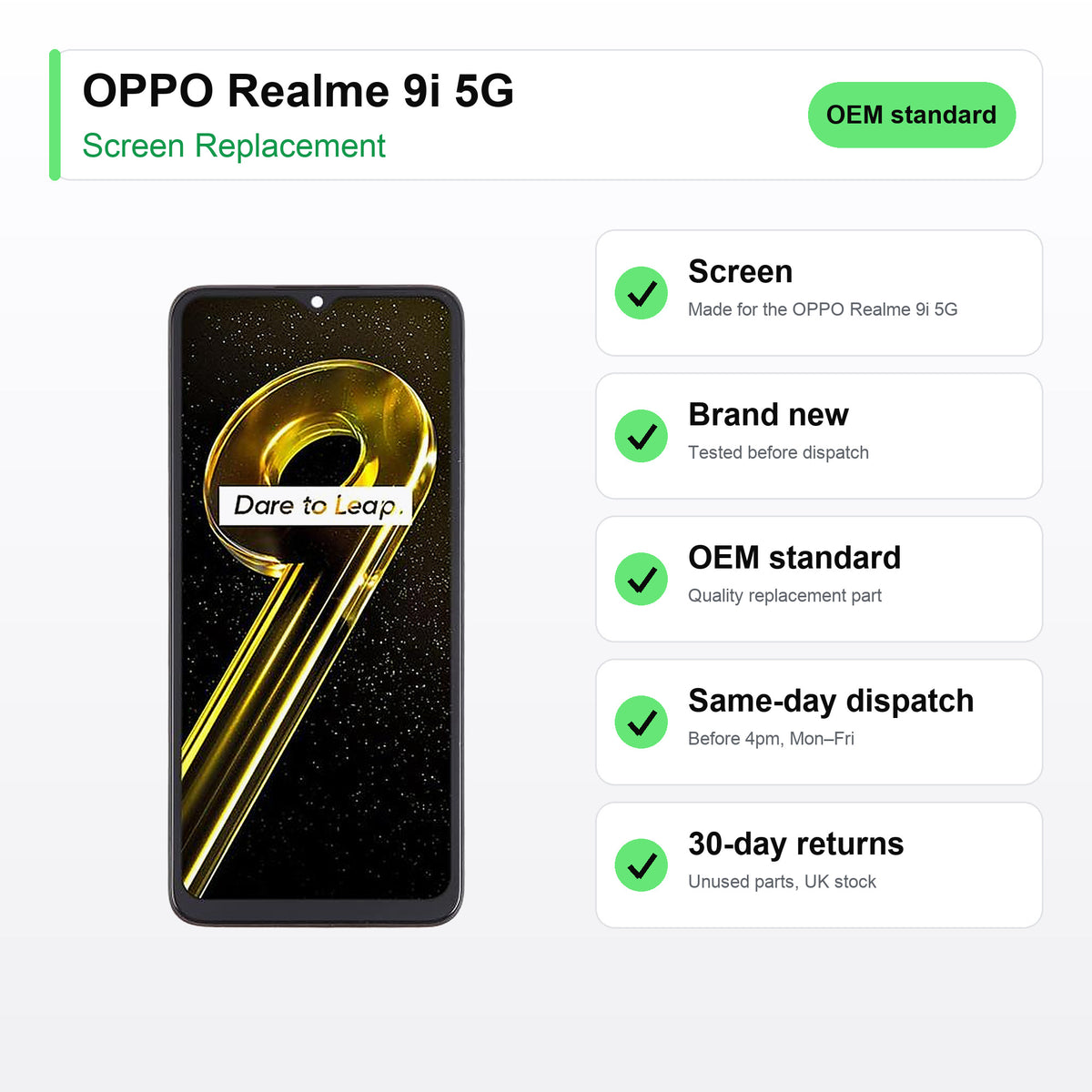 OPPO Realme 9i 5G screen key facts: brand new, tested, same-day UK dispatch
