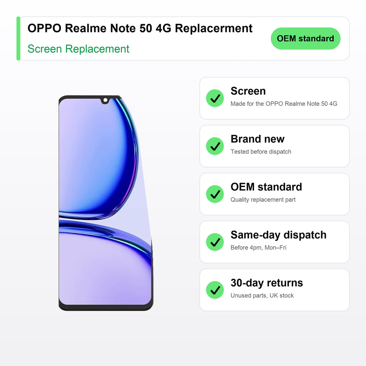 OPPO Realme Note 50 4G Replacerment screen key facts: brand new, tested, same-day UK dispatch