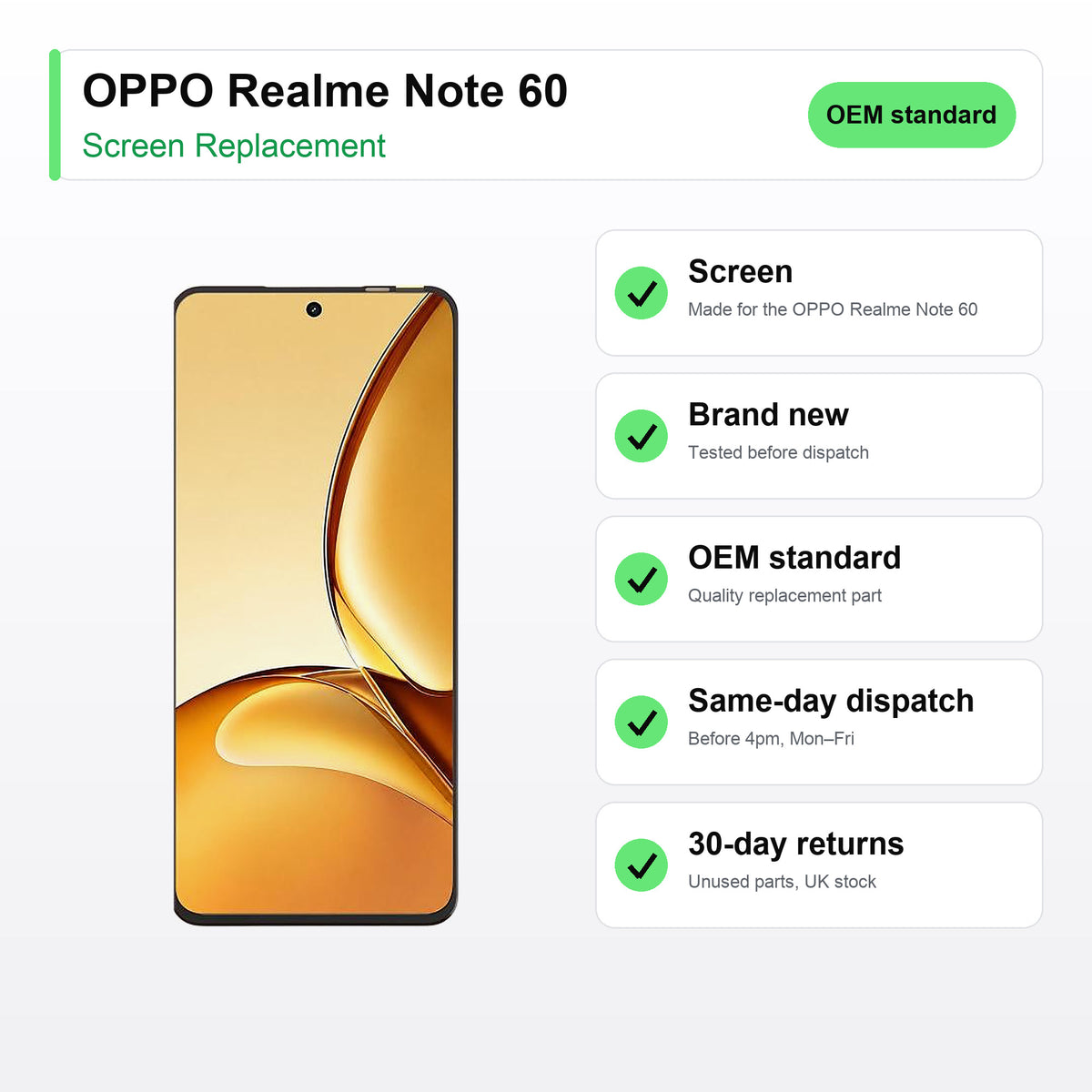 OPPO Realme Note 60 screen key facts: brand new, tested, same-day UK dispatch