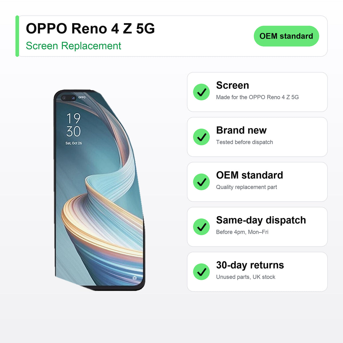 OPPO Reno 4 Z 5G screen key facts: brand new, tested, same-day UK dispatch