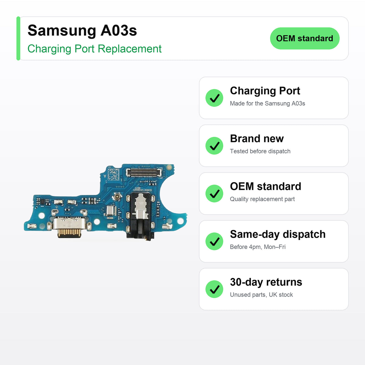 Samsung A03s charging port key facts: brand new, tested, same-day UK dispatch