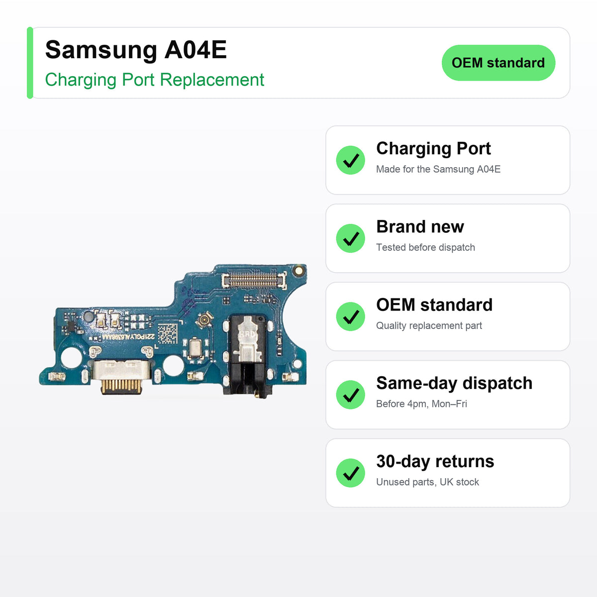 Samsung A04E charging port key facts: brand new, tested, same-day UK dispatch