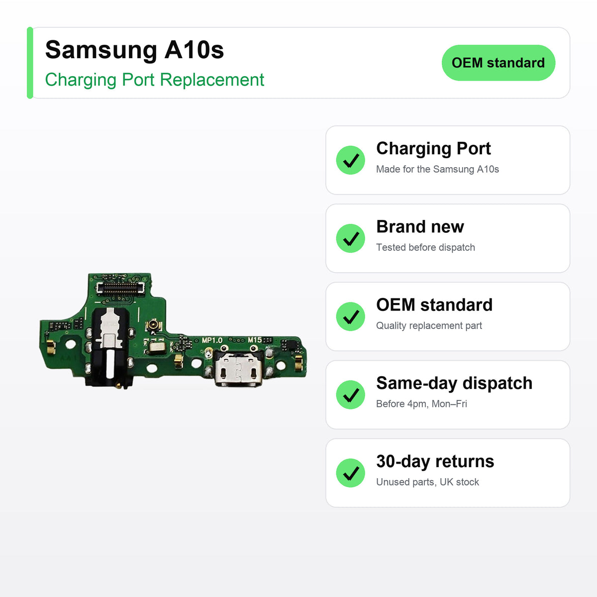 Samsung A10s charging port key facts: brand new, tested, same-day UK dispatch
