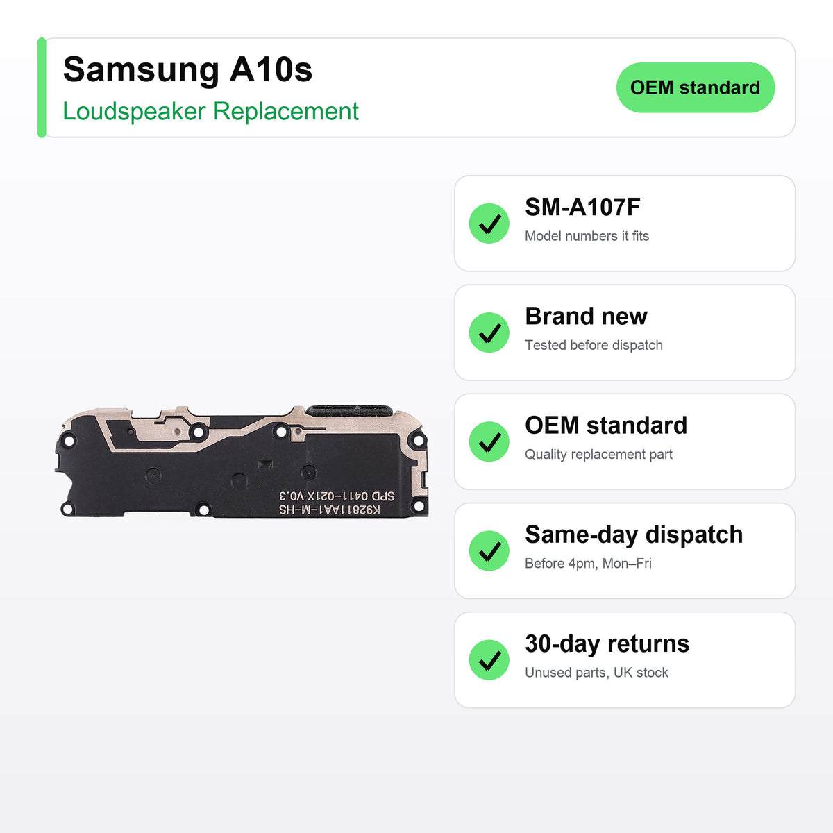 Samsung A10s loudspeaker key facts: brand new, tested, same-day UK dispatch