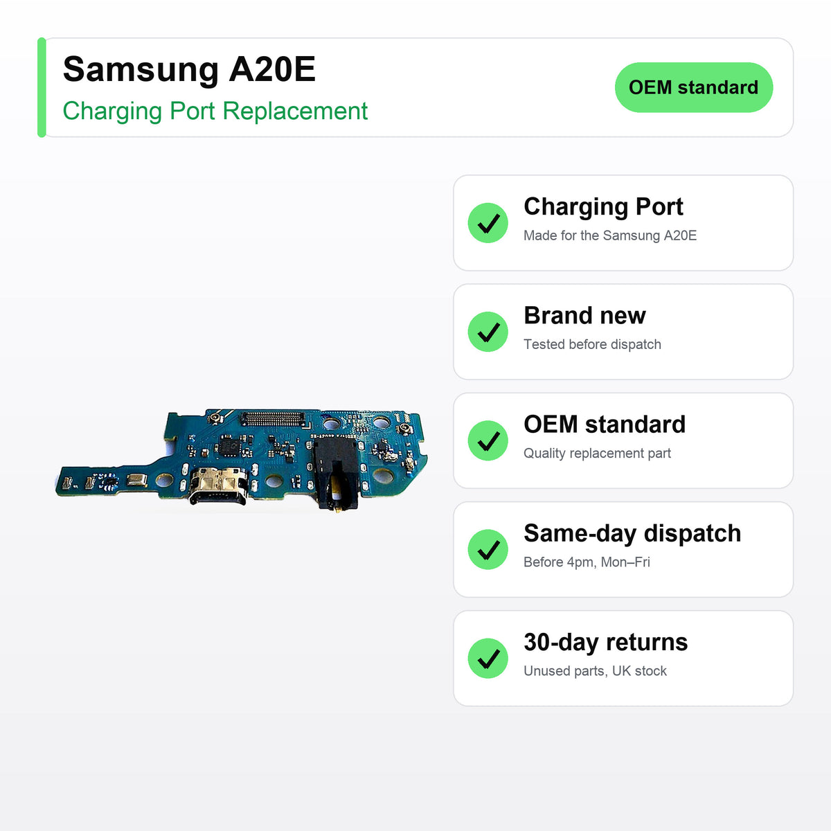 Samsung A20E charging port key facts: brand new, tested, same-day UK dispatch