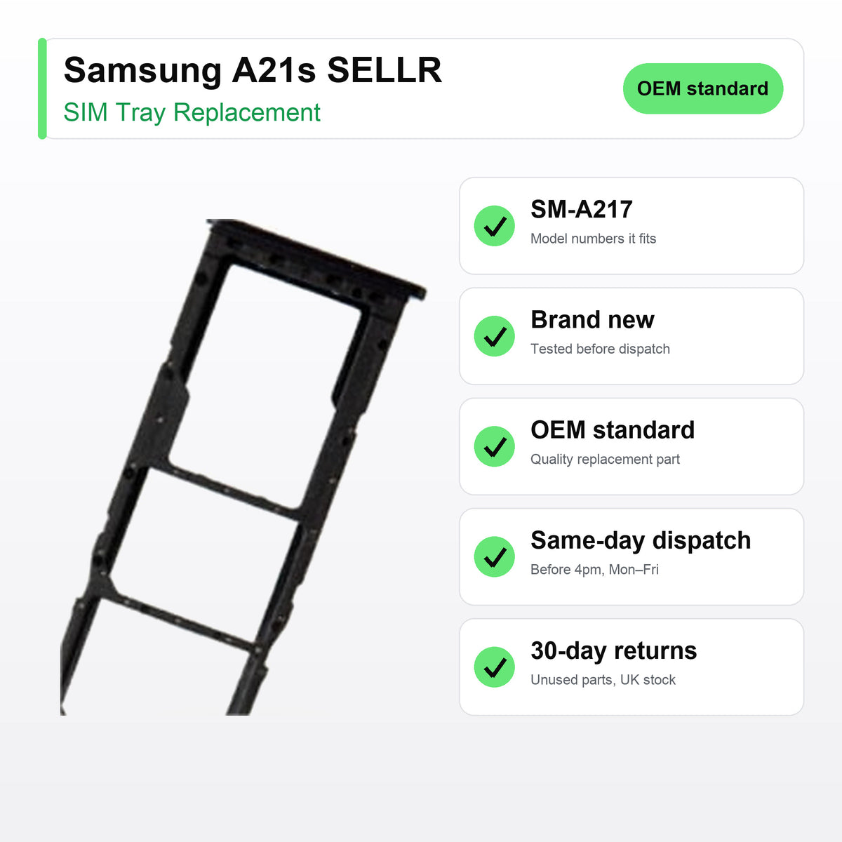 Samsung A21s SELLR SIM tray key facts: brand new, tested, same-day UK dispatch